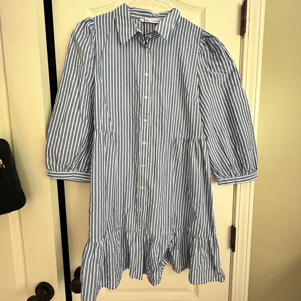 ZARA Seersucker Mini Dress in Blue & White